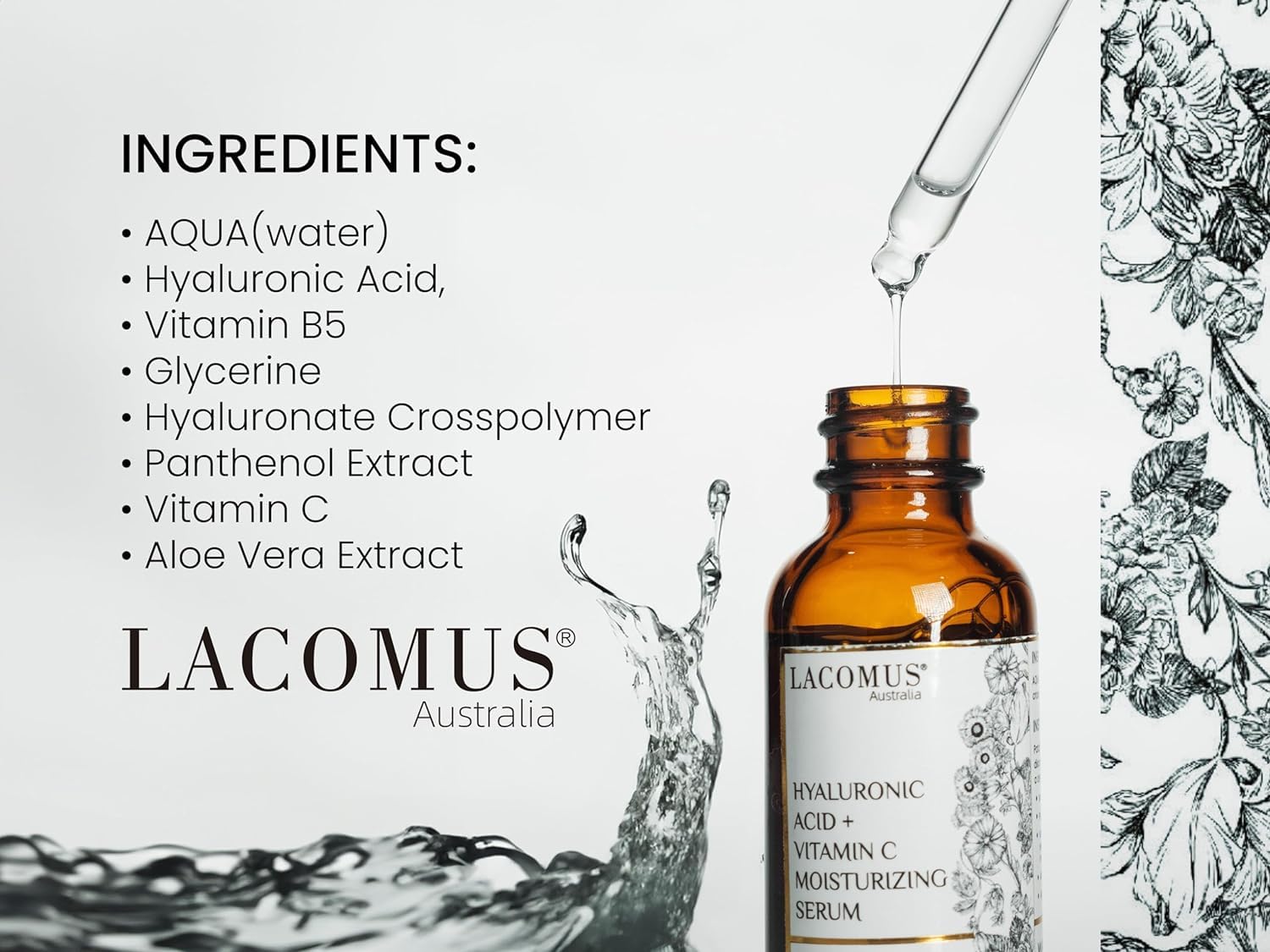 Hyaluronic Acid + Vitamin C Moisturizing Serum for Fine Lines and Blemishes - Organic and Cruelty-Free Skin Health Booster - Moisturizing Formula for Youthful Skin - LACOMUS Australia